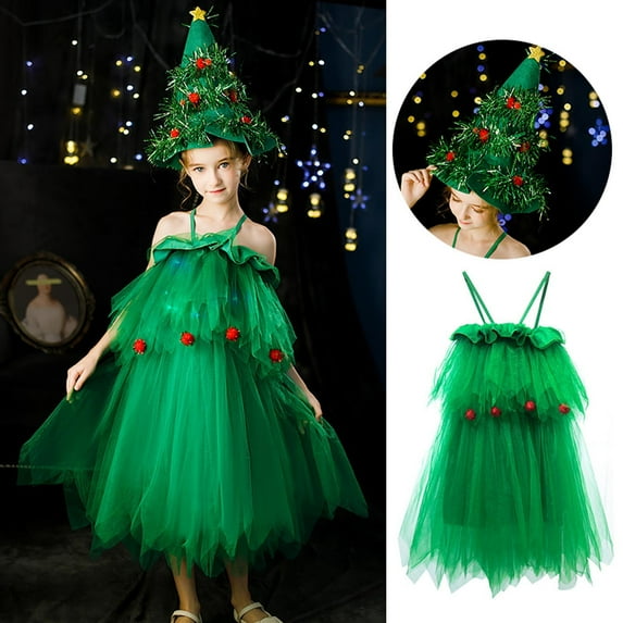 Christmas Tree Costume for Girls Deluxe Tutu Dress with Star Headband Set Cosplay Outfits