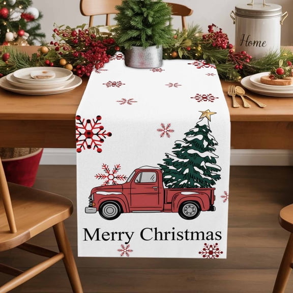 Christmas Tree Cotton Linen Table Extra Long Runner 13 x 120 inch Red Truck Winter Snowflake Country Non-slip Rectangular Dining Table Decor for Wedding Party Holiday Dinner