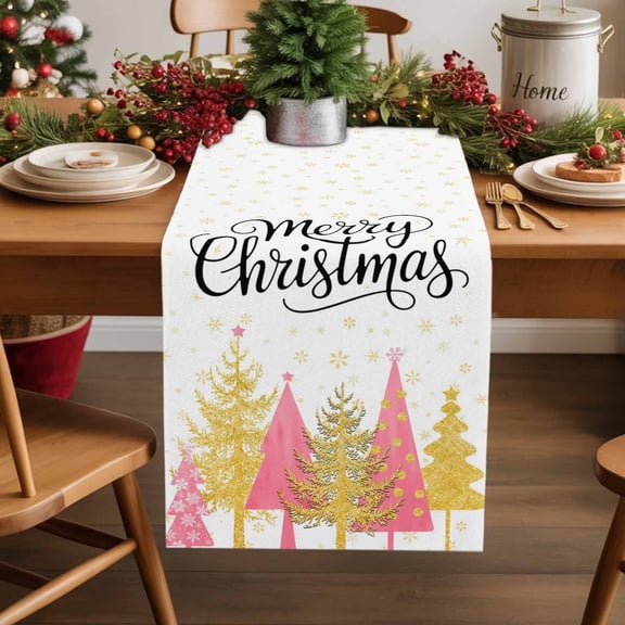 Christmas Tree Cotton Linen Table Extra Long Runner 13 x 120 inch Winter Snowflake Xmas Pink Pine Tree Non-slip Rectangular Dining Table Decor for Wedding Party Holiday Dinner