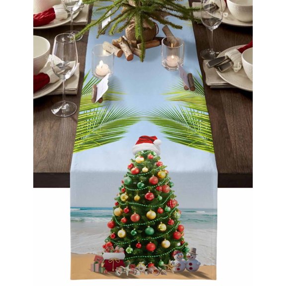 Christmas Tree Cotton Linen Table Runner for Dining Kitchen, Summer Beach Palm Leaves Snowman Conch Starfish Wedding Outdoor Party Tablerunners Decor, Dresser Scarf Coffee Tablecloth Runners 13"x36"