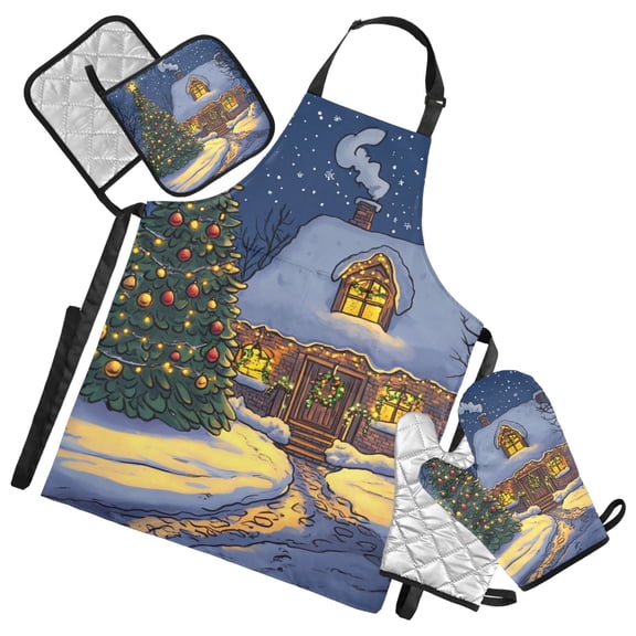 Christmas Tree Cozy Cabin in Snow Apron Set with Oven Mitts Pot Holders Set of 5 Kitchen Stuff Accessories