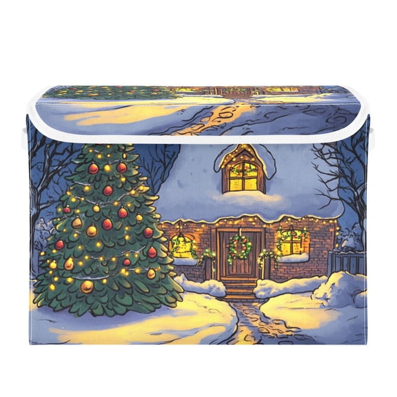 Christmas Tree Cozy Cabin in Snow Foldable Storage Bin with Lid and Handle Collapsible Storage Box 16.5 x 12.6 x 11.8 inches