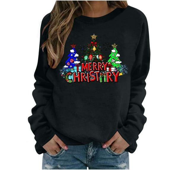 Christmas Tree Crewneck Sweatshirts Womens Long Sleeve Xmas Pullover Shirts Loose Cute Holiday Tops, 3XL Black