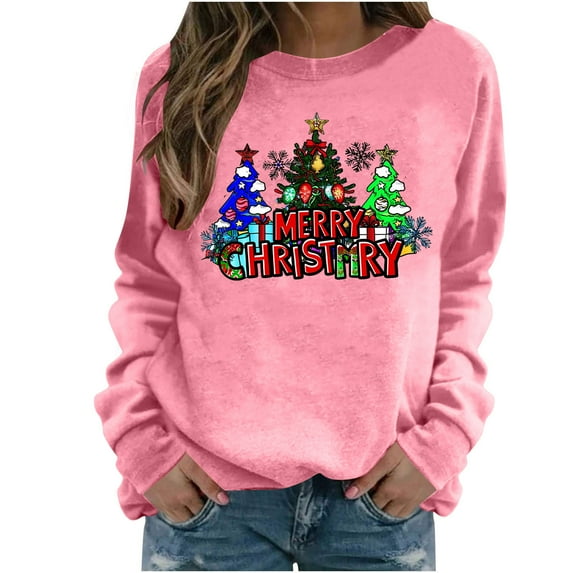 Christmas Tree Crewneck Sweatshirts Womens Long Sleeve Xmas Pullover Shirts Loose Cute Holiday Tops, 3XL Pink