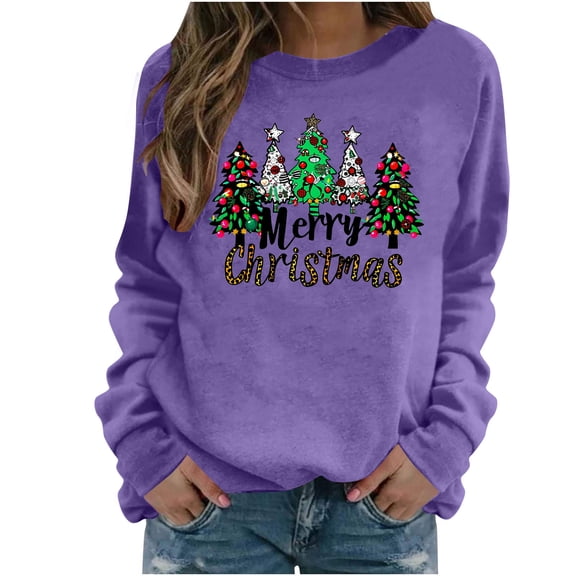 Christmas Tree Crewneck Sweatshirts Womens Long Sleeve Xmas Pullover Shirts Loose Cute Holiday Tops, M Purple