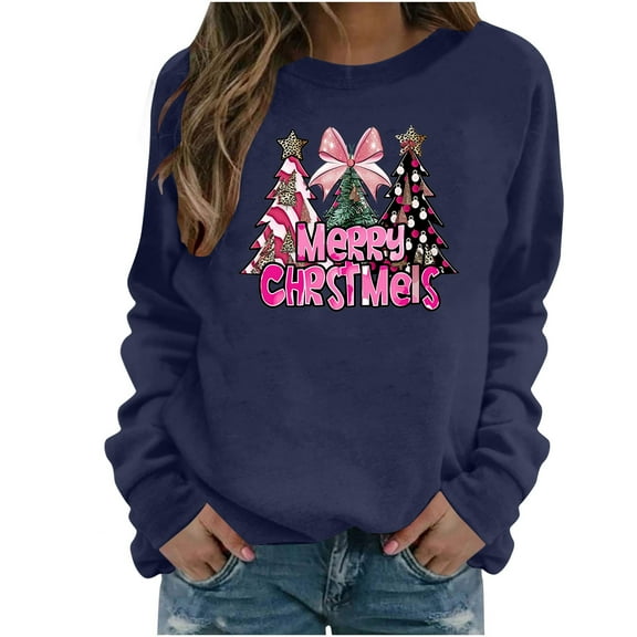 Christmas Tree Crewneck Sweatshirts Womens Long Sleeve Xmas Pullover Shirts Loose Cute Holiday Tops, XL Navy