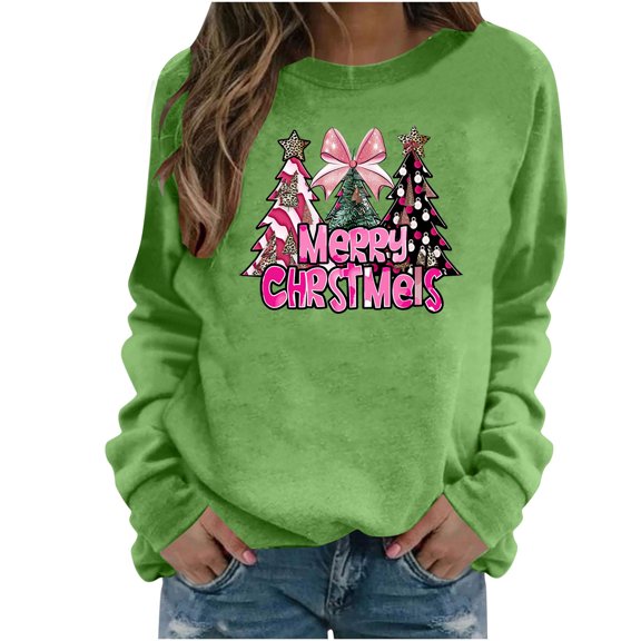 Christmas Tree Crewneck Sweatshirts Womens Long Sleeve Xmas Pullover Shirts Loose Cute Holiday Tops, XXL Mint Green