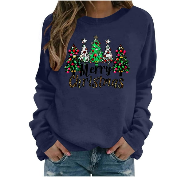 Christmas Tree Crewneck Sweatshirts Womens Long Sleeve Xmas Pullover Shirts Loose Cute Holiday Tops, XXL Navy
