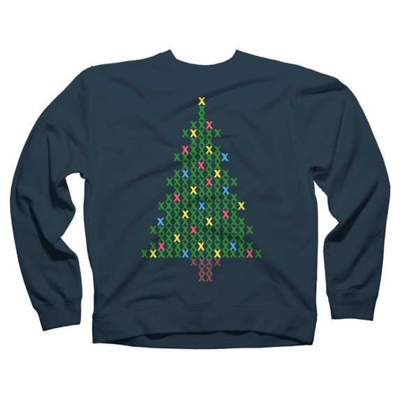 Christmas Tree Cross Stitch Navy Blue Graphic Crew Neck Sweatshirt - Design By Humans M