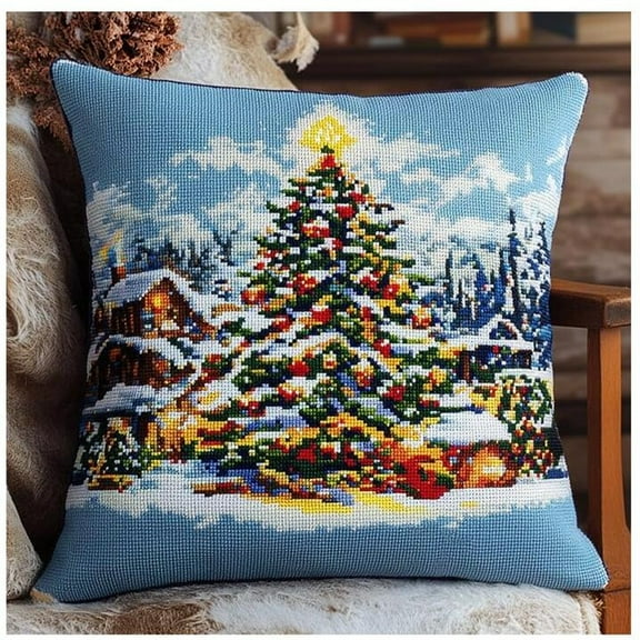 Christmas Tree Cross Stitch Pillow Kit,Christmas Snow Scene Tapestry Pillow kit DIY Pillow Cover Kit for Living Room Sewing Art Home Decoration 17*17 in