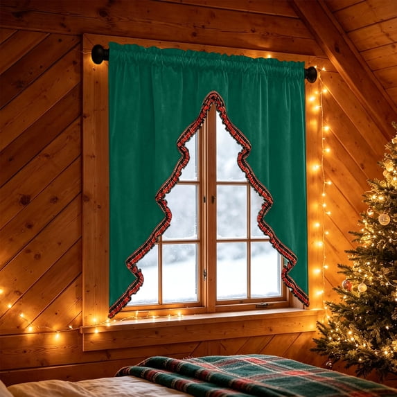 Christmas Tree Curtain for Kitchen Tree Shape Valance Light Filtering with Tassel Fringe Rod Pocket 39.3×23.62inin for Dining Room Christmas Decorations by MPOISVA