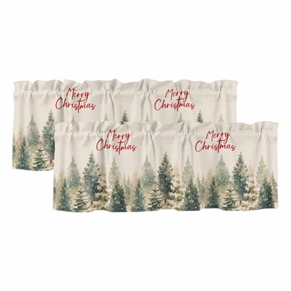 Christmas Tree Curtain Valances for Windows, Kitchen Valance Window Treatments Panel 2 Pack, Watercolor Green Xmas Tree Snowflake Rod Pocket Short Curtains for Bathroom Bedroom 54 x 18 Inch