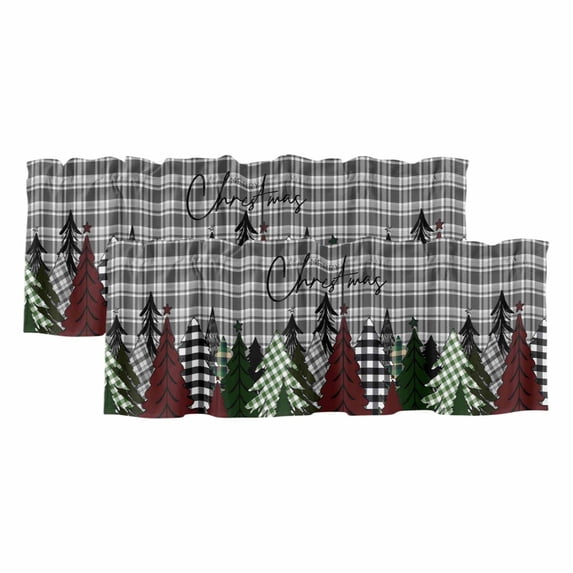 Christmas Tree Curtain Valances for Windows, Kitchen Valance Window Treatments Panel 2 Pack, Xmas Tree Snowflake Grey Plaid Rod Pocket Short Curtains for Bathroom Bedroom 42 x 18 Inch