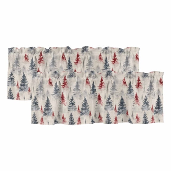 Christmas Tree Curtain Valances for Windows, Kitchen Valance Window Treatments Panel 2 Pack, Xmas Tree Watercolor Blue Red Rustic Rod Pocket Short Curtains for Bathroom Bedroom 42 x 18 Inch