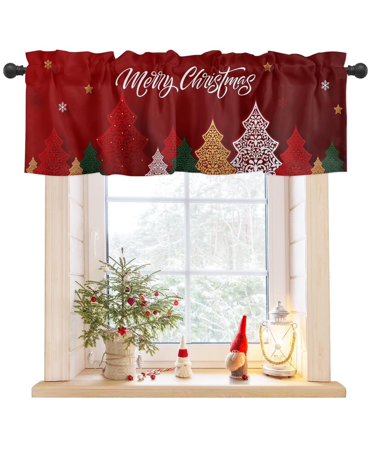 Christmas Tree Curtain Valances for Windows Treatment Tier Curtains,Red