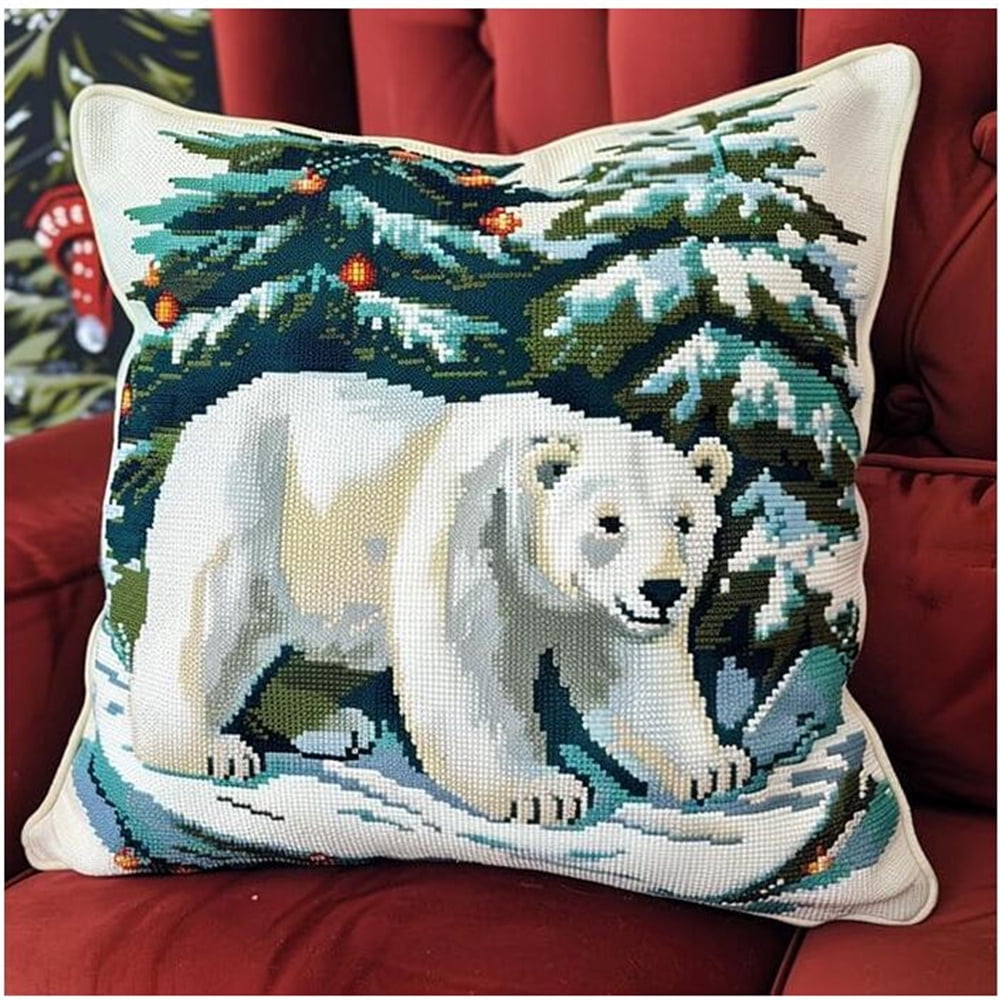 Christmas Tree DIY Printed Cross Stitch Pillow Kits,White Bear Embroidery Kit for Adults 11CT Cross Stitch Kit Printed Canvas Needlework Decoration 17x17in