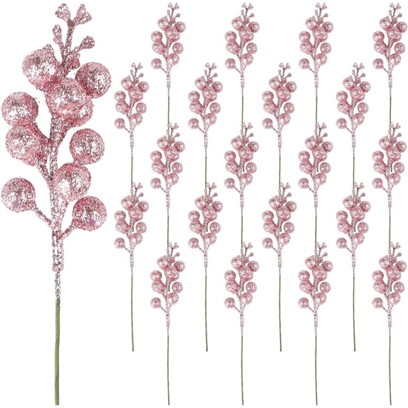 Christmas Tree Decor, 20Pcs Christmas Glitter Berry Stalks, Artificial Christmas Berry Stalks for Christmas Tree Ornaments, DIY Xmas Wreath, Crafts, Holiday and Home Decor (9.06x1.57in,Pink)
