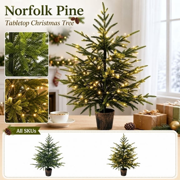 Christmas Tree Decor, 2Ft Pre-Lit Battery Operated Norfolk Pine Tabletop Tree, Small Artificial Potted Christmas Tree, Faux Indoor Christmas Tree, 23X23 Inch Life-Like Silhouette,