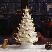 Christmas Tree Decor,Pre Lit Ceramic Christmas Tree with Warm Lights, Golden Accents & Star Topper,Tabletop Decor for Festive Home Ambiance,Holiday Display