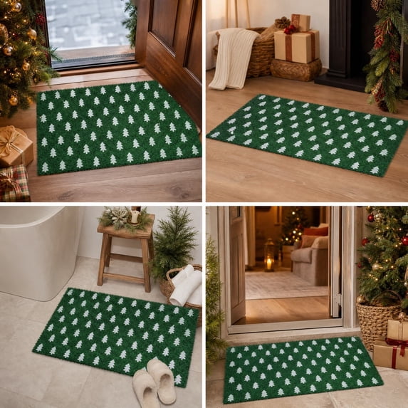 Christmas Tree Decor Welcome Mat, 29.52x17.71 Inch Xmas Green Door Mat for Home Entrance, Rustic Farmhouse Winter Christmas Floor Mats for Front Outdoor Indoor Entryway Rug