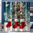 Christmas Tree Decor with Red Socks & Blue White Bathroom Curtain