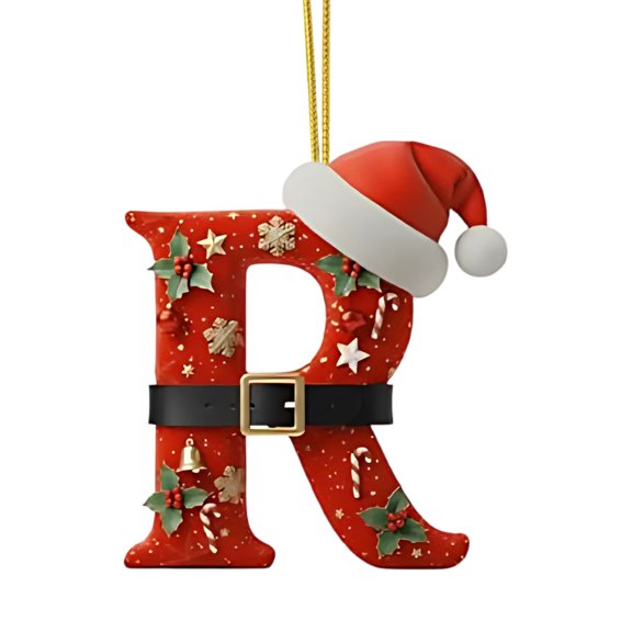 Christmas Tree Decoration 2D Acrylic Letter Pendant,Set of 26 Monogram Ornaments Festive Patterns,DIY Hanging Christmas Tree Home Wall Fireplace Decor for Holiday Gift Celebration-R