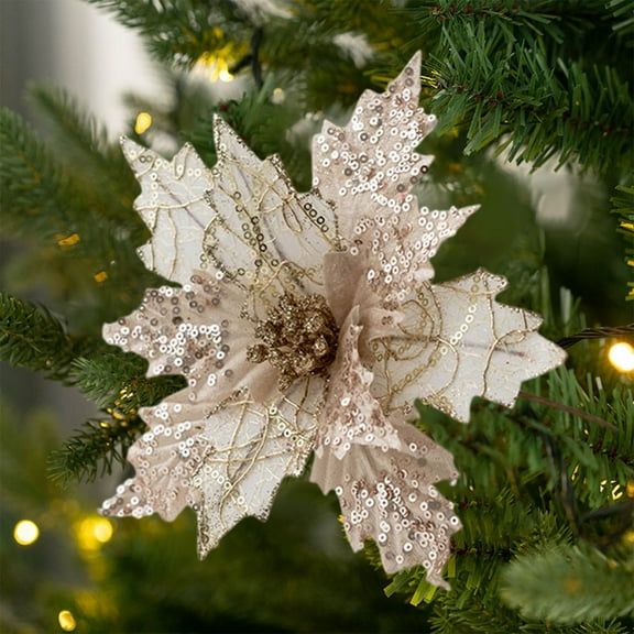 Christmas Tree Decoration, Christmas Glitter Magnolia, Artificial Flower with Stems for Holiday Wreaths and Home Decor, Gold Gray Beige Red White Cloth Flowers