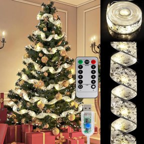 Christmas Tree Decoration Led Ribbon Lights, USB Powered Ribbon String Lights with Remote Control, 33Ft 100 LED Fairy String Lights with 8 Modes & Timer for Wedding Party Christmas Decoration, Silver