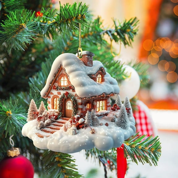 Christmas Tree Decoration Snow Scene House Pendant - Winter Snow House Acrylic Flat Printed Christmas Ornaments, for Home Party, Car Rearview Christmas Decoration