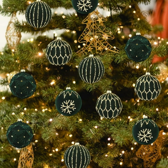 Christmas Tree Decorations, 12Pcs Green Velvet Flocked Christmas Balls Set with 3D Pattern and Gold Glitter Design Shatterproof Ornaments for Holiday Tree Hanging Décor 2025 Elegant Collection