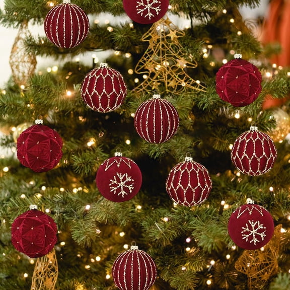Christmas Tree Decorations, 12Pcs Green Velvet Flocked Christmas Balls Set with 3D Pattern and Gold Glitter Design Shatterproof Ornaments for Holiday Tree Hanging Décor 2025 Elegant Collection