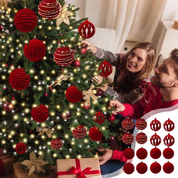 Christmas Tree Decorations, 16Pcs Red Velvet Flocked Christmas Balls Set with Textured and Hollow Design Shatterproof Ornaments for Holiday Tree Hanging Décor and Party Decoration 2025 Collection