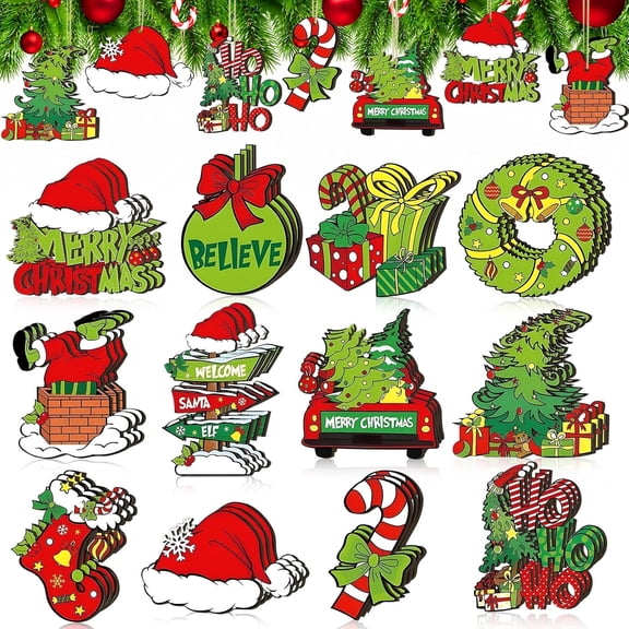 Christmas Tree Decorations 24pcs Wooden Christmas Tree Ornaments Red Green Xmas Whimsical Hanging Tree Decorations Decor for Home Indoor Party Holiday