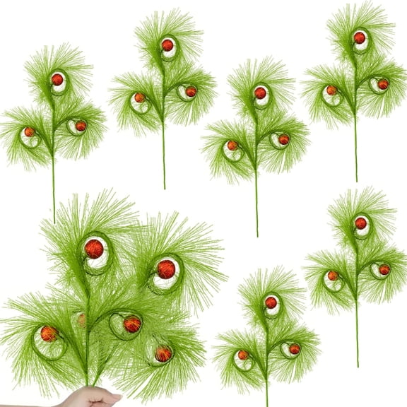 Christmas Artificial Reed 8 Piece, Christmas Feather Garland, Green Faux Feather Garland with Glittering Red Balls for Christmas Tree Decorations, Mantel, Party, Gift Decor
