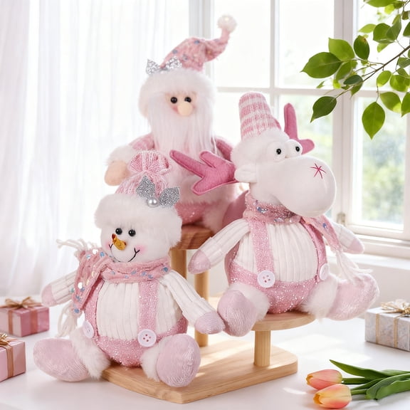 Christmas Tree Decorations 9.84inch Pink Plush Santa Doll Soft Stuffed Christmas Decoration Cute Sitting Santa Figure for Holiday Home Decor Gift