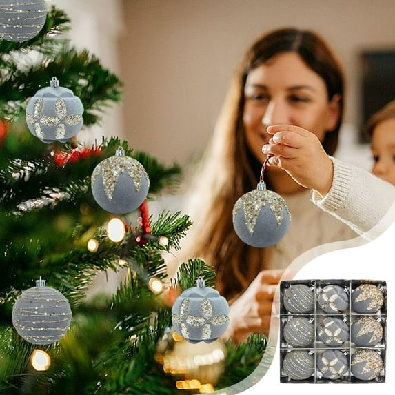 Christmas Tree Decorations 9PCS 3.14IN Rhinestone Flocked Velvet Christmas Balls Set Decorative Hanging Ornaments for Holiday Tree Party and Home Decoration Gray