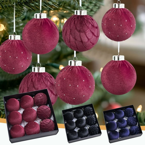 Christmas Tree Decorations, 9Pcs Matte Black Velvet Christmas Balls Set, Textured and Glitter Shatterproof Ornaments for Modern Holiday Tree, Party, and Home Décor 2025 Collection