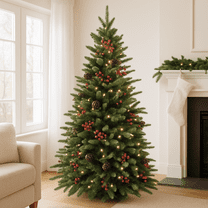 Christmas Tree with Decorations, Artificial Christmas Tree w/ Branch Tips, Pine Cones, Sturdy Metal Stand, Indoor & Outdoor Xmas Tree for Holiday Decor