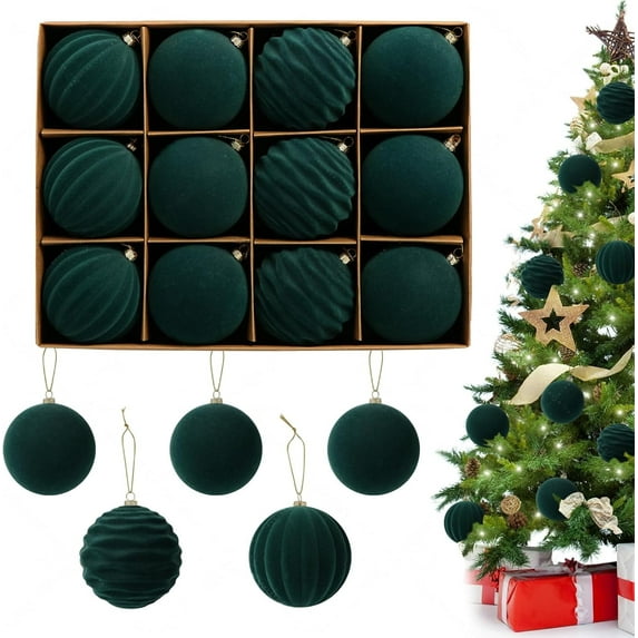 PayUSD Velvet Christmas Ball Ornaments for Christmas, 12pcs Flocked Shatterproof Christmas Ornaments Hanging Xmas Tree Decorations Set for Home Party Holiday Decor (3.15 inch, Green)