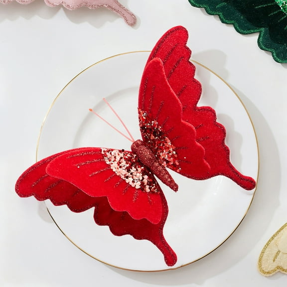 Christmas Tree Decorations, Holiday Butterfly Clips, Glitter Beaded Faux Velvet Butterflies for Christmas Tree, Lightweight Double-Layer Design for Wreaths, Curtains, Gift Wrap, Indoor Festive Decor