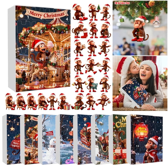 Christmas Tree Decorations Indoor, 24Pc Christmas Countdown Advent Calendar with Cute Christmas Monkey Hanging Charms, Clear Acrylic Christmas Gift Box Advent Calendar Set,