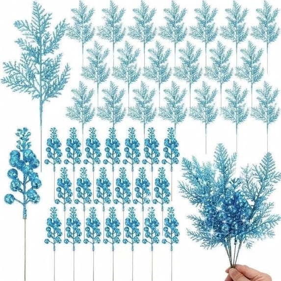 Christmas Tree Decorations Light Blue Glitter Artificial Pine Sprigs and Faux Berry Stems 20 Piece Set for Holiday Indoor Outdoor Home Decor