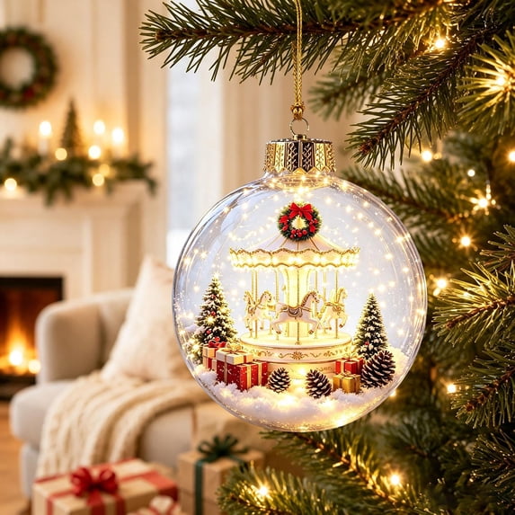 Christmas Tree Decorations, Light Up Christmas Tree Ornament, Illuminated Snow Globe Hanging Decor with Shatterproof Plastic Shell and Elegant Gold Cap for Magical Holiday