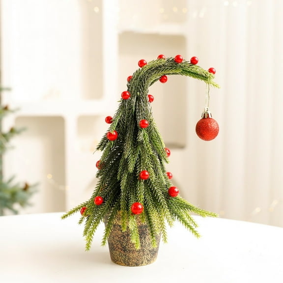 Christmas Tree Decorations, Mini Christmas Tree, Crooked Trunk Festive Scene Setting Potted Plant, Red Plastic Tabletop Decor for Home Office Party