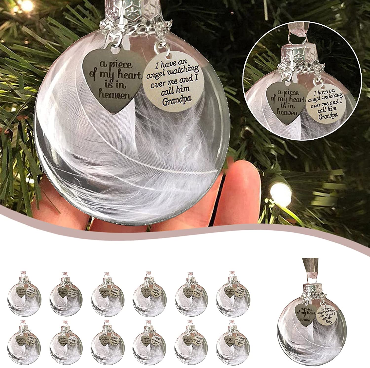 Christmas Tree Decorations Ornaments, Clear Christmas Ornament Feather Ball, A Piece of My Heart Is in Heaven, Memorial Hanging Pendant Xmas Gift 