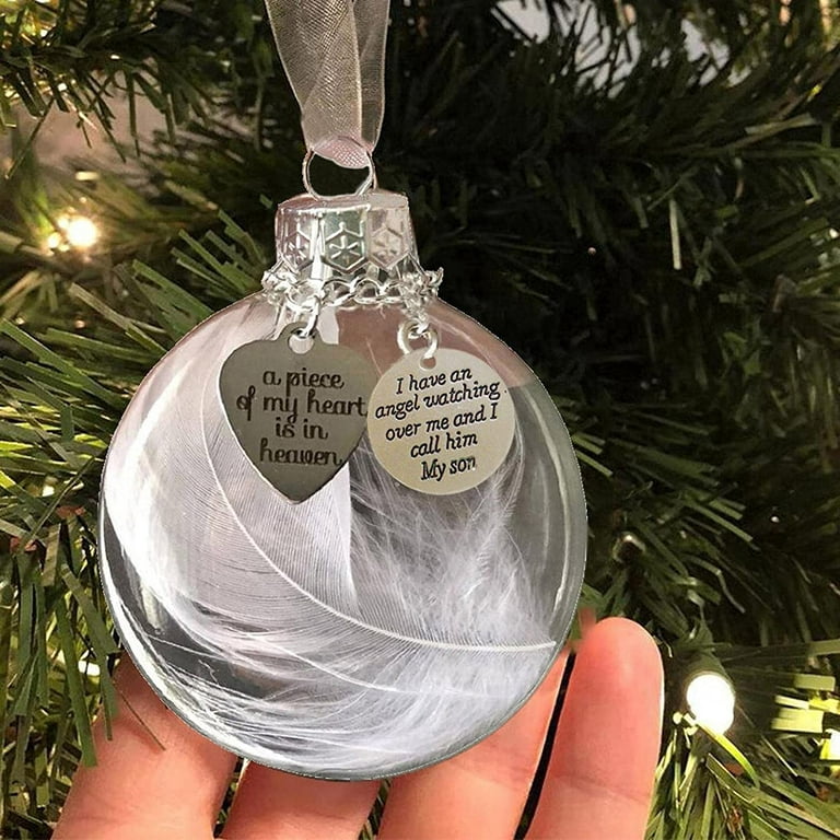 Christmas Tree Decorations Ornaments, Clear Christmas Ornament Feather  Ball, A Piece of My Heart is in Heaven, Memorial Hanging Pendant Xmas Gift  - Son 