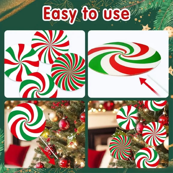 Christmas Tree Decorations Set with 8 Large Red and White Peppermint Lollipop Ornaments, Indoor Xmas Tree Decor for Holiday Home and Party Festivities