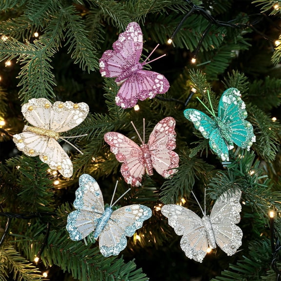 Christmas Tree Decorations Set Christmas Butterflies Decorations For Tree Wreath DIY Holiday Crafts Glitter Clip Ornaments For Xmas Party Home Wedding Decor Christmas Hanging Decor