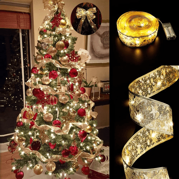 Christmas Tree Decorations String Lights, 32ft 100 LED Battery-Powered Lights with Copper Wire and Ribbon Bows, Gold Warm Light for Holiday, Party, Wedding Decor
