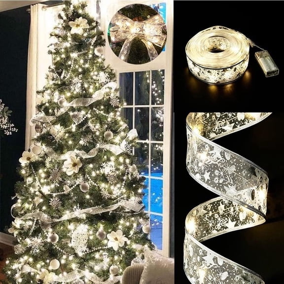 Christmas Tree Decorations String Lights 32ft 100 LED Lights Copper Wire Ribbon Bows Lights for Party Weddings Holiday Christmas Tree Decorations (Gold Warm Light Battery Powered)